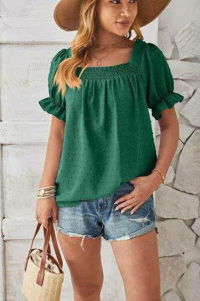 Swiss Dot Smocked Square Neck Short Sleeve T-Shirt Women's T-Shirts - Tophatter Daily Deals